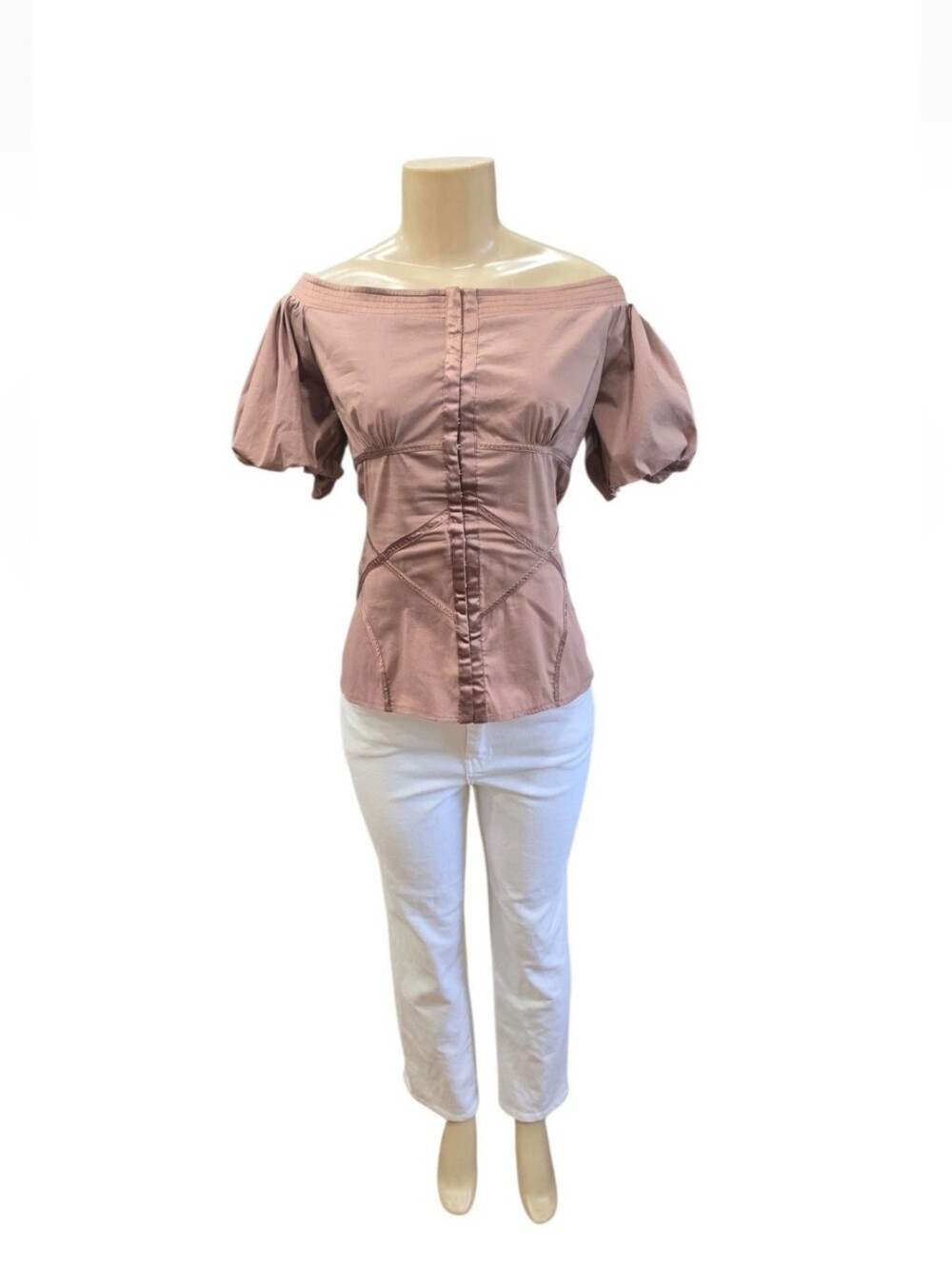 Bebe Vintage Y2K Corset Top Small Brown Off Shoulder Lace Up Puff Sleeve Blouse